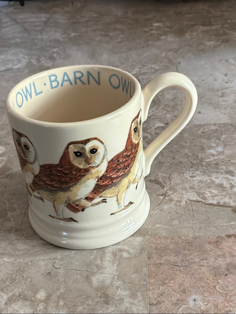 EMMA BRIDGEWATER Owl Pattern Ceramic Mug - Cream with Brown & Blue Details